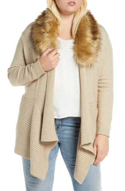 Single Thread Open Front Cardigan With Faux Fur Collar In Oat