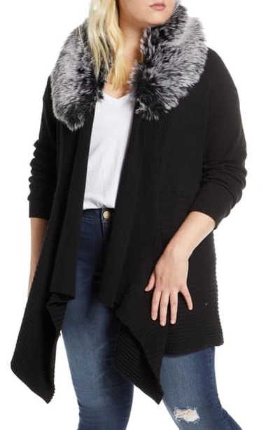 Single Thread Open Front Cardigan With Faux Fur Collar In Black