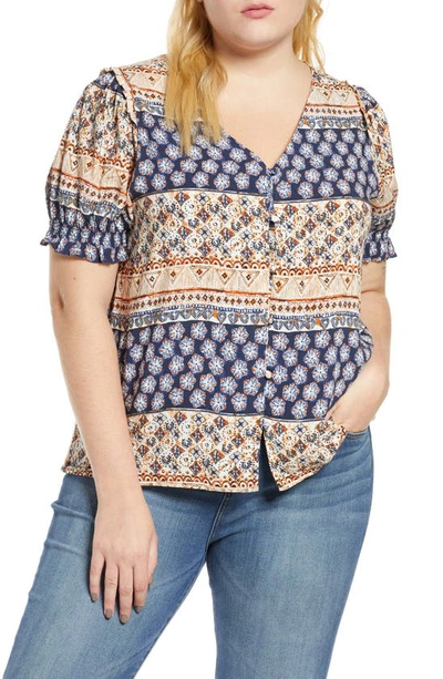 B Collection By Bobeau Curvy Print Block Rouleau Button Top In Navy Geo