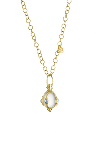 Temple St Clair 18k Yellow Gold Classic Cabochon Amulet With Oval Rock Crystal, Royal Blue Moonstone And Tanzanite In Yellow Gold/ Moonstone