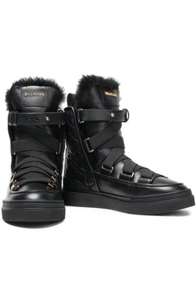 Balmain Woman Apollonia Shearling-lined Quilted Leather Ankle Boots Black