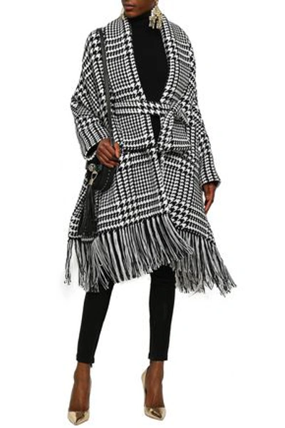 Balmain Fringed Houndstooth Wool-blend Coat In Black