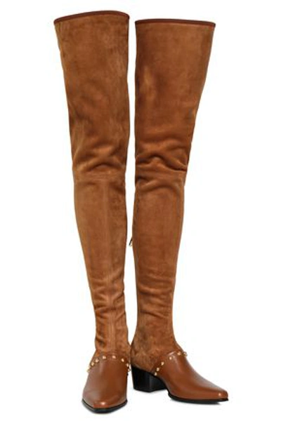 Balmain Blanche Studded Leather-paneled Stretch-suede Thigh Boots In Light Brown
