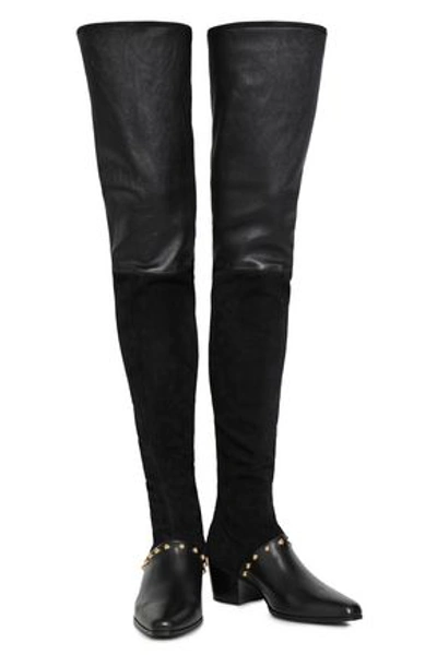 Balmain Studded Suede And Stretch-leather Thigh Boots In Black