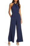 Julia Jordan Knot Front Pinstripe Halter Jumpsuit In Navy/ Ivory