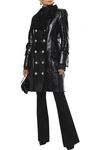 BALMAIN DOUBLE-BREASTED SHEARLING AND GLOSSED CRACKED-LEATHER COAT,3074457345620667642