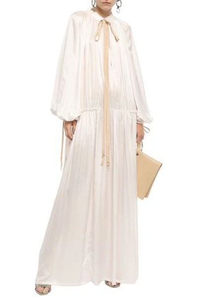 Ann Demeulemeester Bow-detailed Gathered Satin-jersey Maxi Dress In Off-white