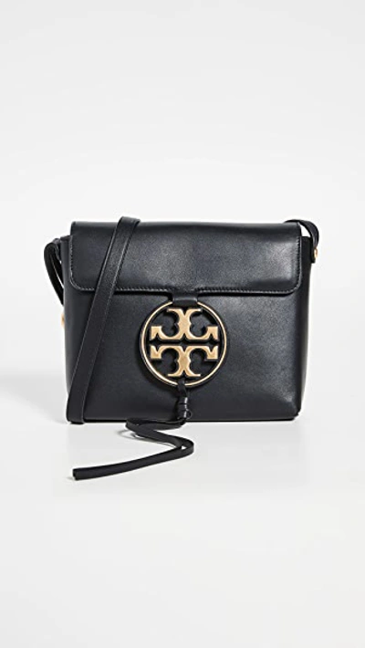 Tory Burch Miller Metal Logo Leather Flap Crossbody Bag In Black