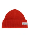 Ganni Stitched-logo Ribbed Wool-blend Beanie In Fiery Red