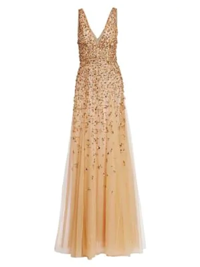 J Mendel Embellished Tulle Gown In Marigold