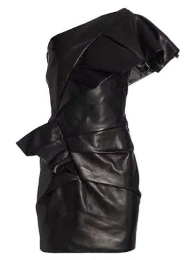 Alexandre Vauthier Ruffled One-shoulder Leather Mini Dress In Black