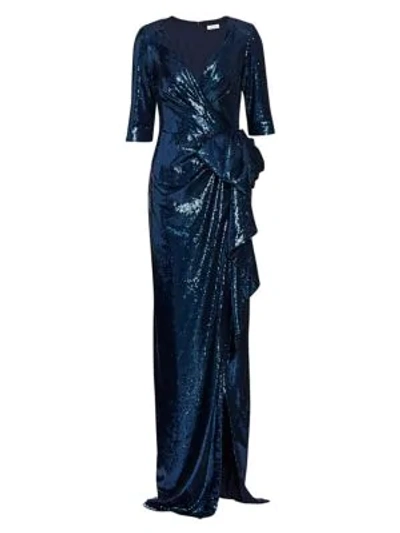 Teri Jon By Rickie Freeman Sequin Wrap Gown In Navy