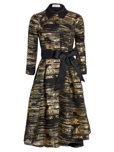 Teri Jon By Rickie Freeman Metallic Jacquard Fit-&-flare Dress In Black Gold