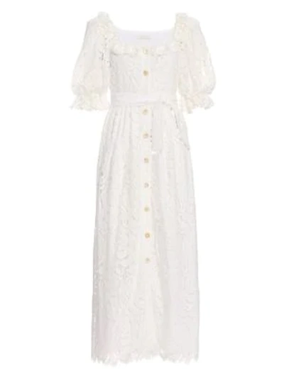 Borgo De Nor Corine Belted Lace Puff-sleeve Dress In Ivory