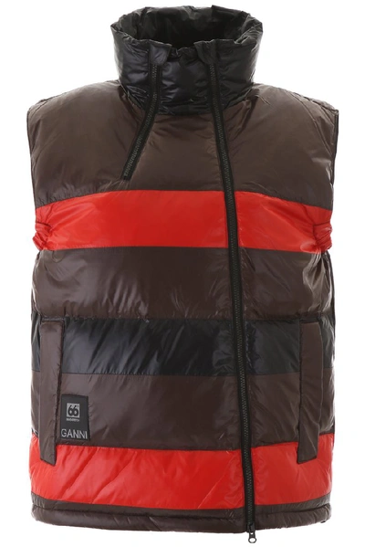 Ganni + 66 North Askja Striped Quilted Glossed-shell Down Vest In Red,brown,black