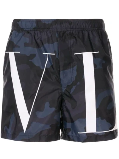 Valentino Camouflage And Vltn-print Swim Shorts In Blue