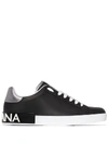 Dolce & Gabbana Portofino Sneakers In Black Leather With Silver Inserts In Black