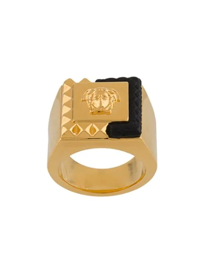 Versace Leather Detail Logo Ring In Gold
