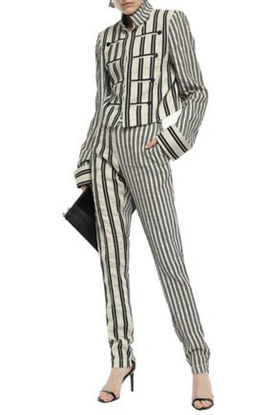 Ann Demeulemeester Striped Crinkled Cotton And Ramie-blend Twill Tapered Trousers In Ecru