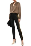 HAIDER ACKERMANN EMBROIDERED SATIN-TRIMMED COATED STRETCH-SUEDE LEGGINGS,3074457345620769218