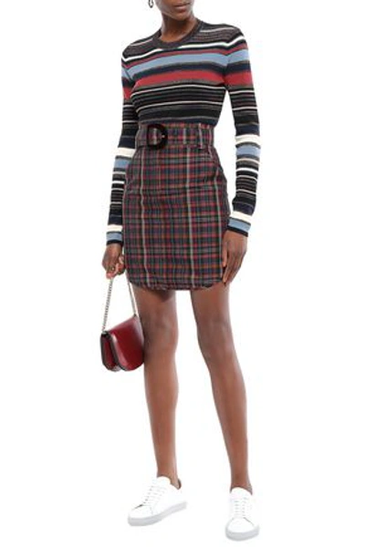 Sandro Velvet-trimmed Checked Woven Mini Skirt In Brown