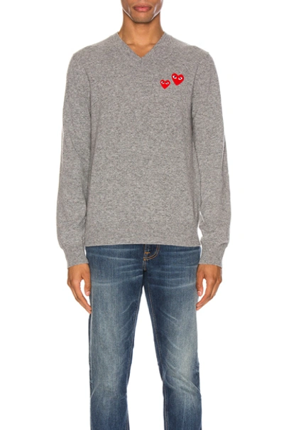 Comme Des Garçons Play Comme Des Garcons Play Double Heart V Neck Knit In Grey