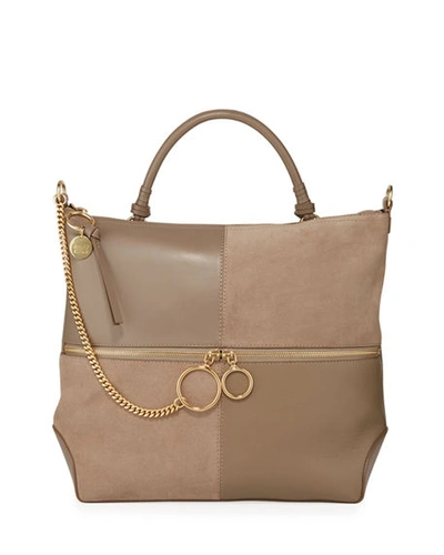 See By Chloé See By Chloe Emy Large Colour-block Leather & Suede Shoulder Bag In Motty Grey/gold