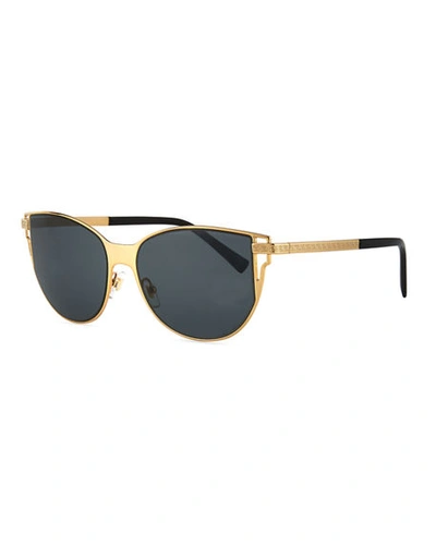 Versace Mirrored Cat-eye Sunglasses W/ Greek Key Arms In Grey-black