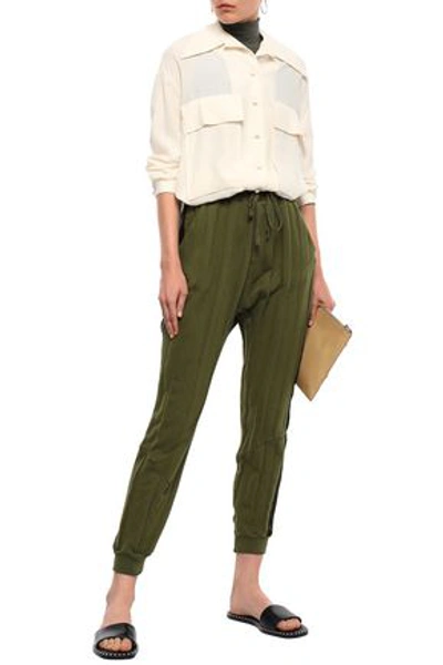 Haider Ackermann Satin-trimmed Striped French Cotton-terry Track Trousers In Army Green