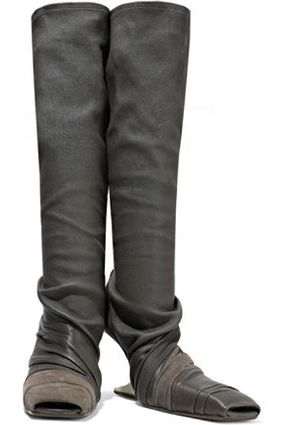 Rick Owens Woman Gathered Stretch-leather And Suede Sock Boots Dark Gray