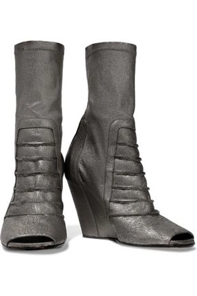 Rick Owens Woman Ruhlmann Metallic Cracked And Stretch-leather Wedge Ankle Boots Platinum