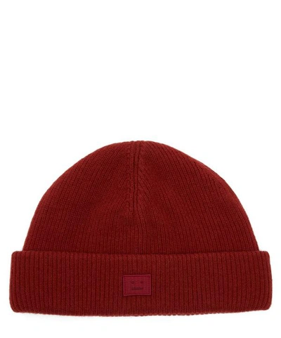 Acne Studios Pansy Face Wool Beanie Hat In Brick Red