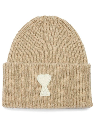 Ami Alexandre Mattiussi Wool Knit Beanie W/ Logo Patch In Beige