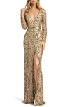 Mac Duggal Embellished Long Sleeve Evening Gown In Antique Gold