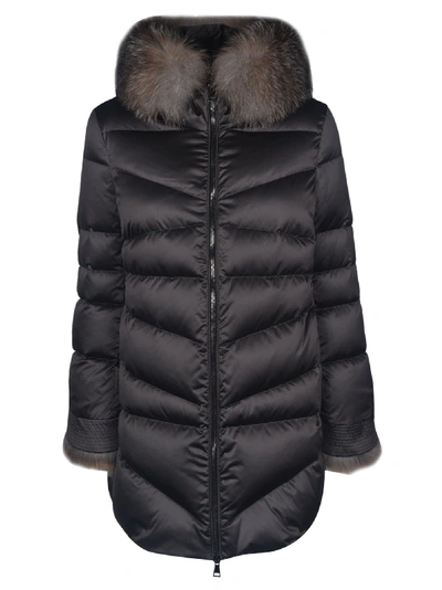Moncler Fur Collar Padded Long Parka In Anthracite