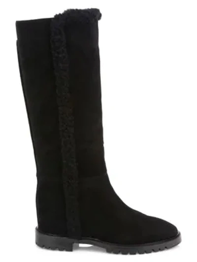 Aquatalia Cheyenne Knee-high Shearling-trimmed Suede Boots In Black