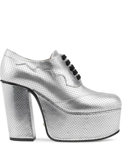 Gucci Metallic Leather Platform Lace-up Shoes In Silver