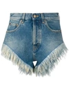 SAINT LAURENT FEATHERED HEM DENIM SHORTS