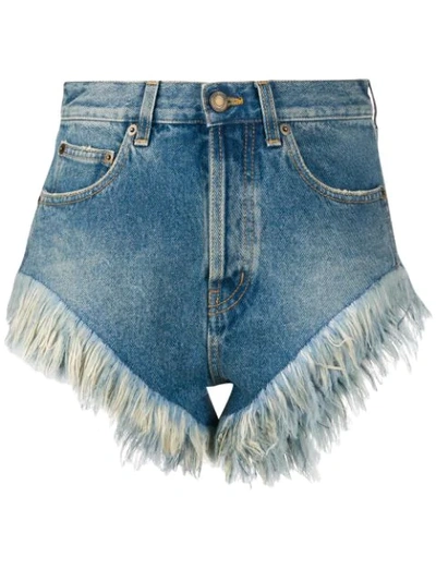 Saint Laurent Feather-trimmed Denim Shorts In Blue
