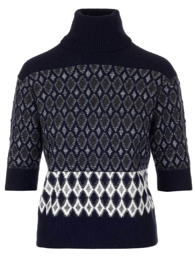 Chloé Turtleneck Patterned Short Sleeve Top In Blue