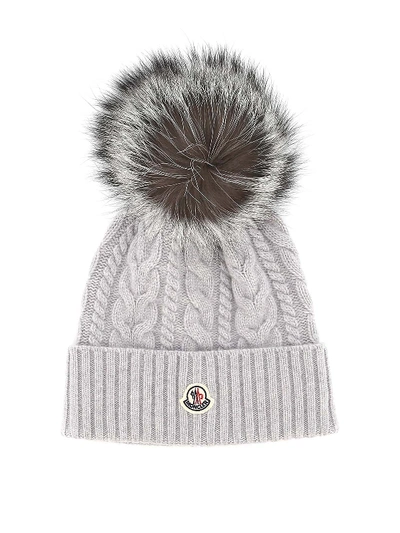 Moncler Fur Pompom Cable Knit Wool Beanie In Grey
