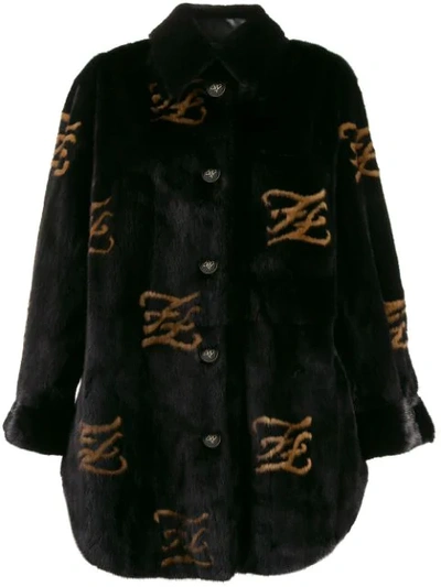 Fendi Ff Motif Furry Coat In F099d Black+honey