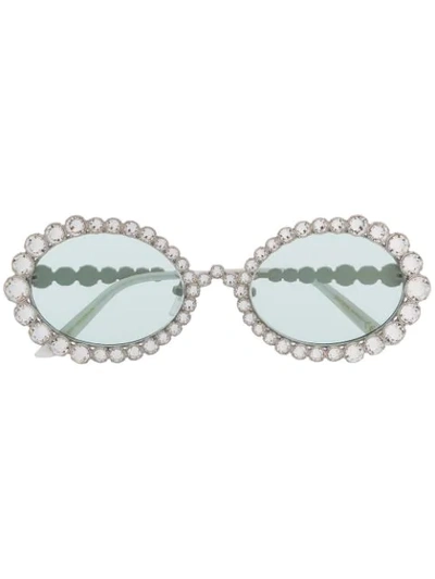 Gucci Crystal Oval Sunglasses In Silver