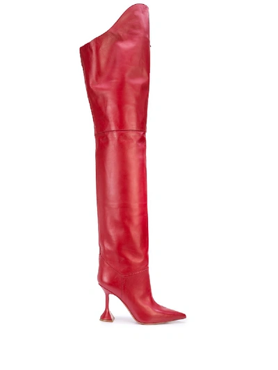 Amina Muaddi Iman Thigh-high Pointed Boots In Red