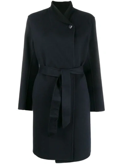 Emporio Armani Belted Shawl-collar Coat In Blue