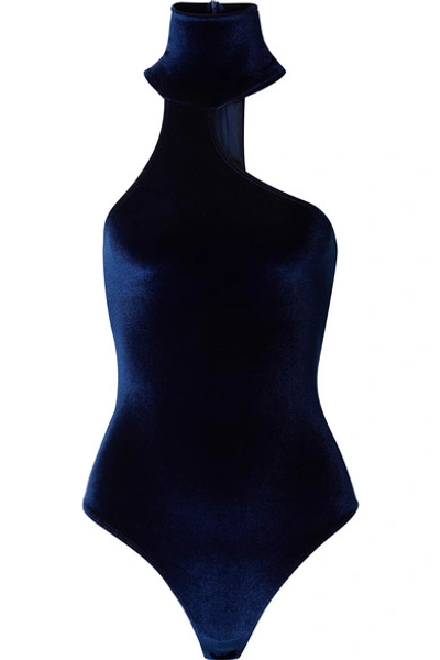 Alix Nyc Carmine Cutout Stretch-velvet Turtleneck Thong Bodysuit In Midnight Blue