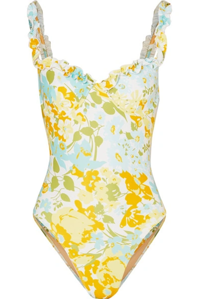 Faithfull The Brand Hilda Ruffled Floral-print Underwired Swimsuit In Blue
