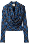 A.W.A.K.E. BLUE HIGHLANDER ROLLERCOASTER DRAPED CHECKED TWILL BLOUSE