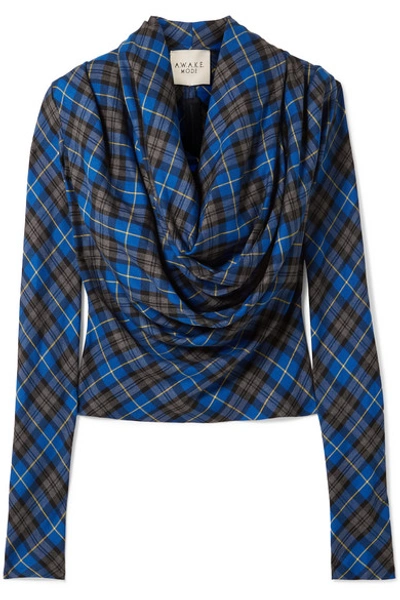 A.w.a.k.e. Blue Highlander Rollercoaster Draped Checked Twill Blouse