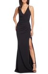 Dress The Population Jordan Ruched Side Slit Gown In Black